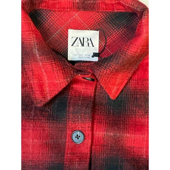ZARA Shacket Women Sz L Red Black Plaid Wool Blend Oversized Button Jacket NWOT - Picture 2 of 11